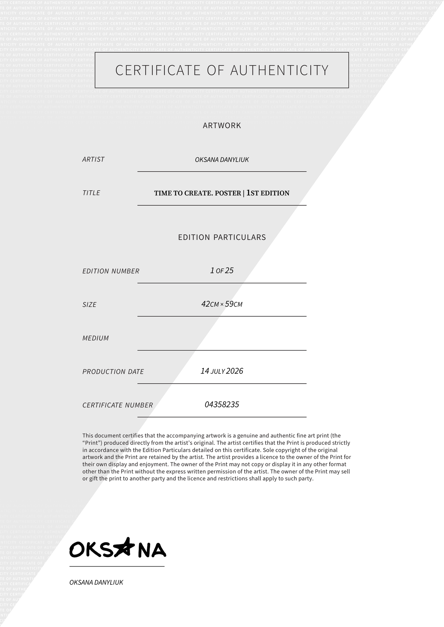 Time To Create. POSTER | 1st edition — Certificate of Authenticity