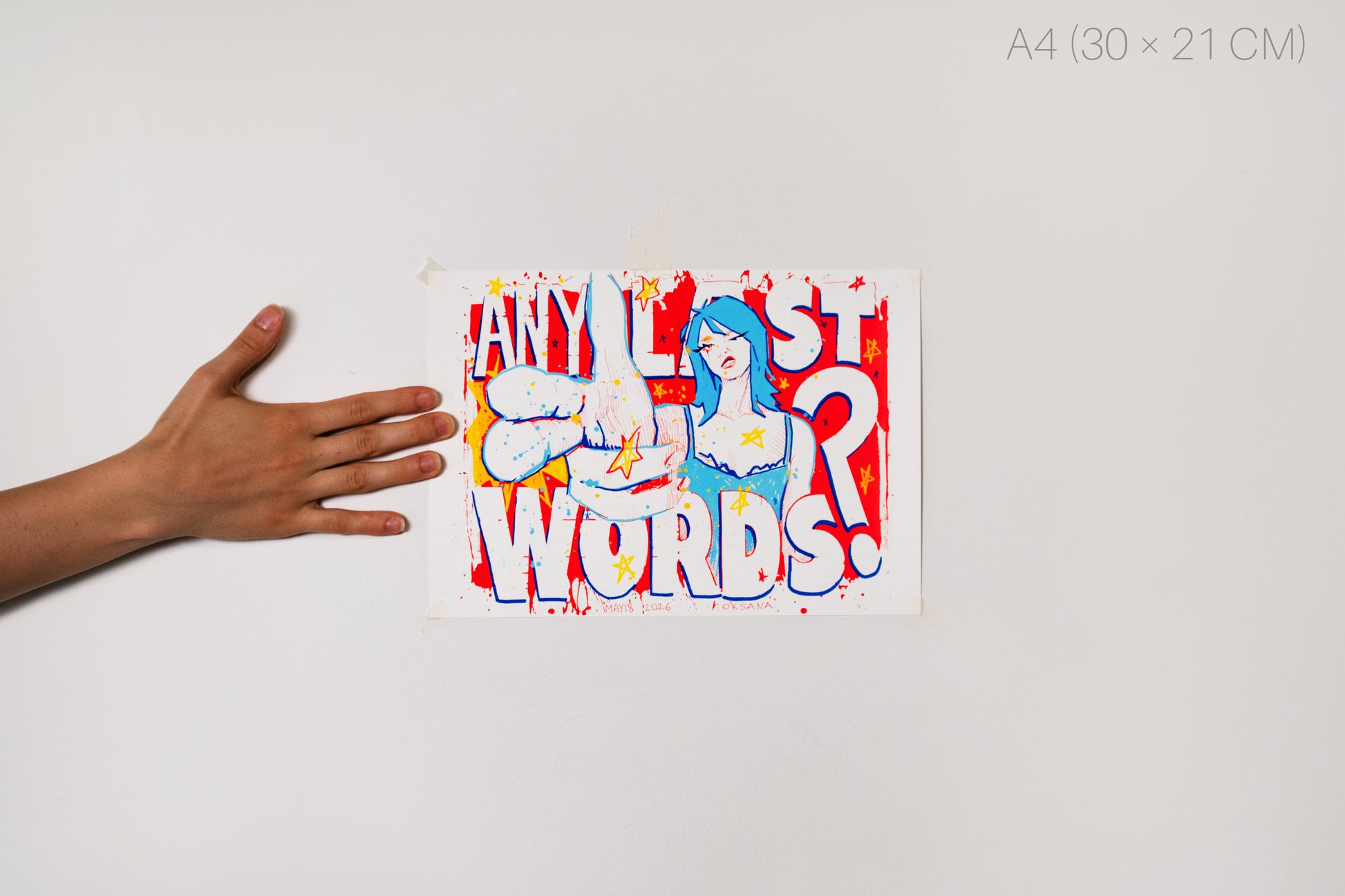 ANY LAST WORDS A4 fine art print displayed on the white wall