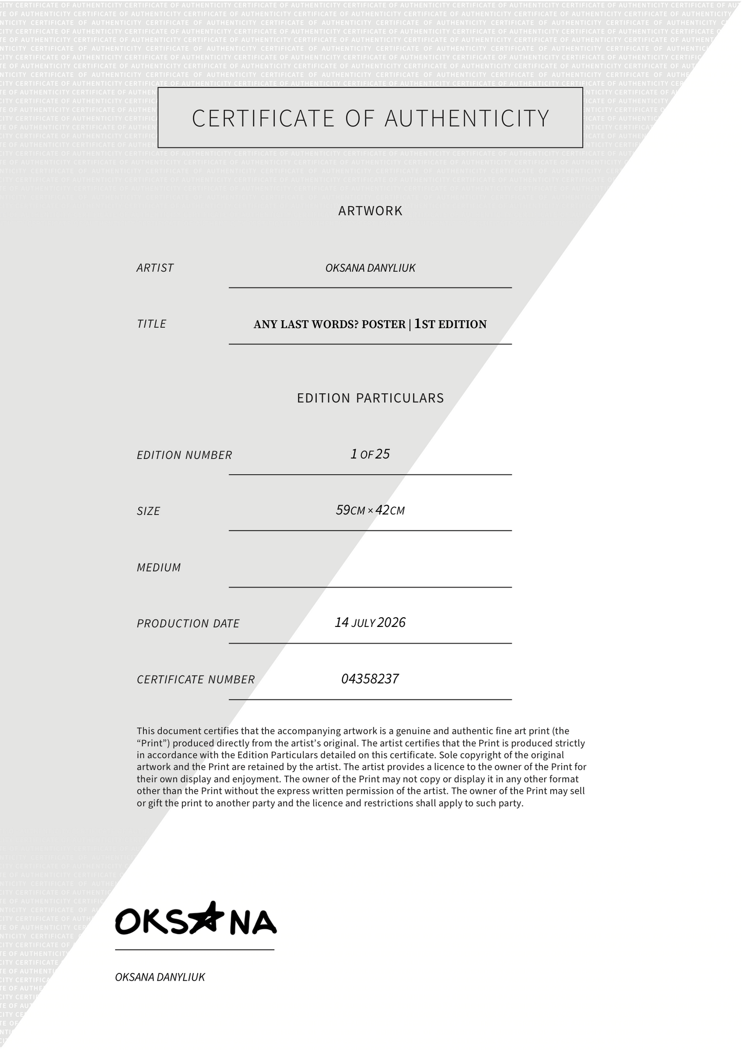 Any Last Words? POSTER | 1st edition — Certificate of Authenticity