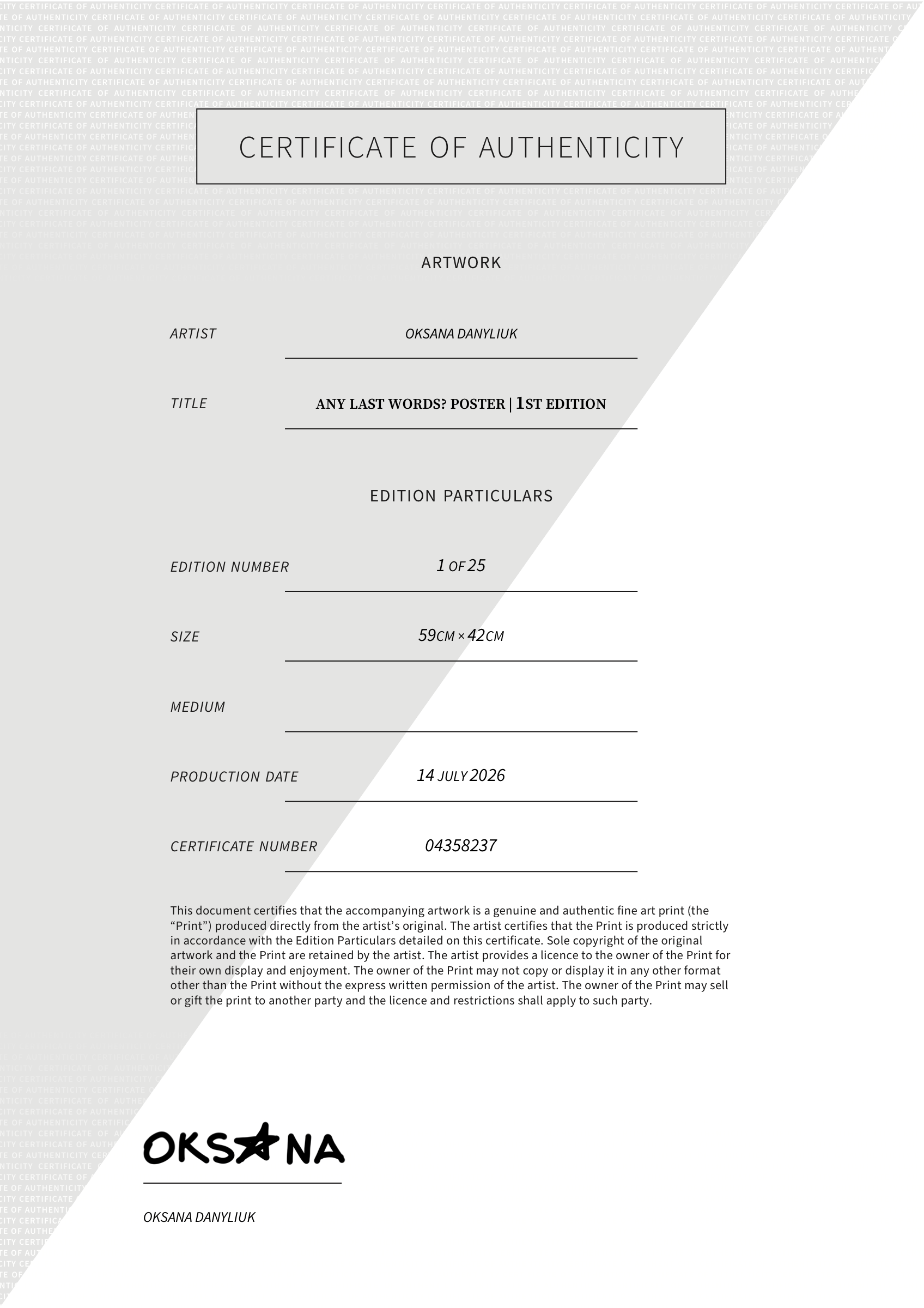 Any Last Words? POSTER | 1st edition — Certificate of Authenticity