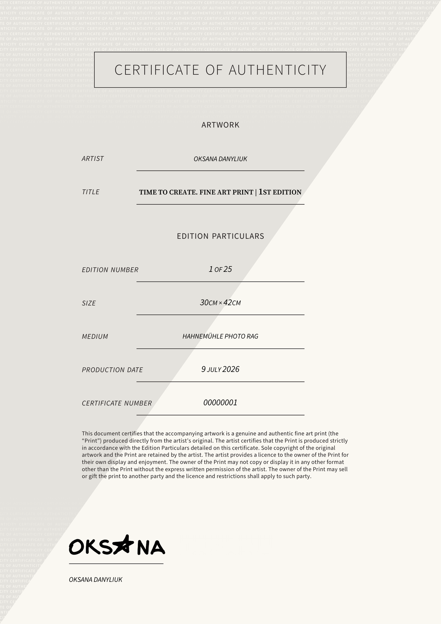 Time To Create. Fine Art print | 1st edition — Certificate of Authenticity
